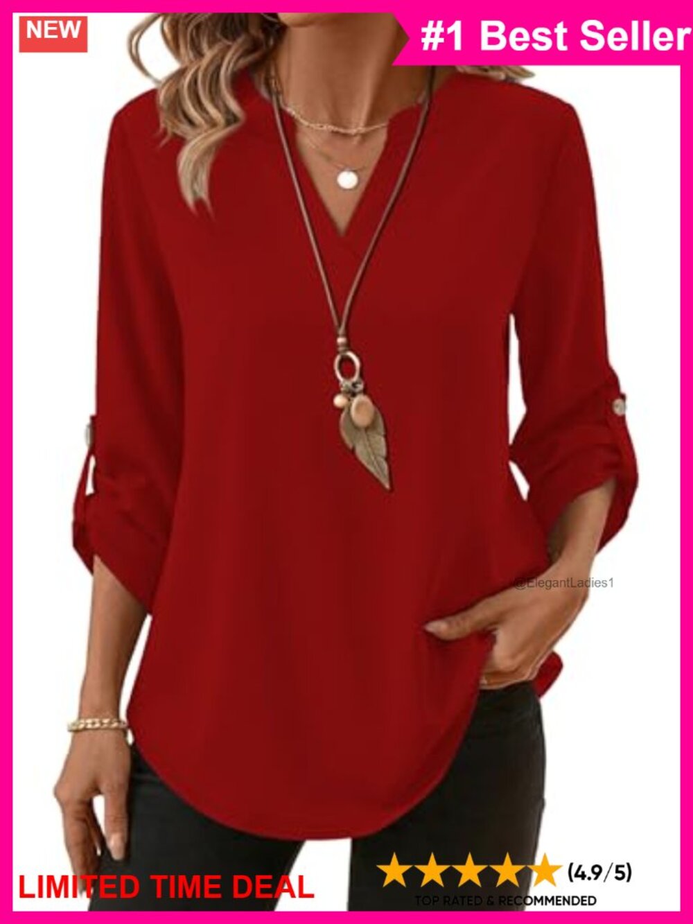 Womens 3/4 Sleeve V Neck Button Side Blouse Loose Business Casual Top